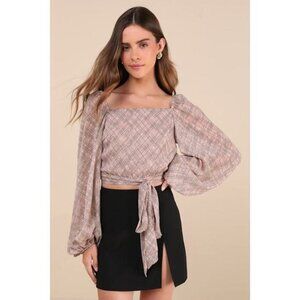Lulus Dedicatedly Chic Taupe Printed Balloon Sleeve Wrap Top